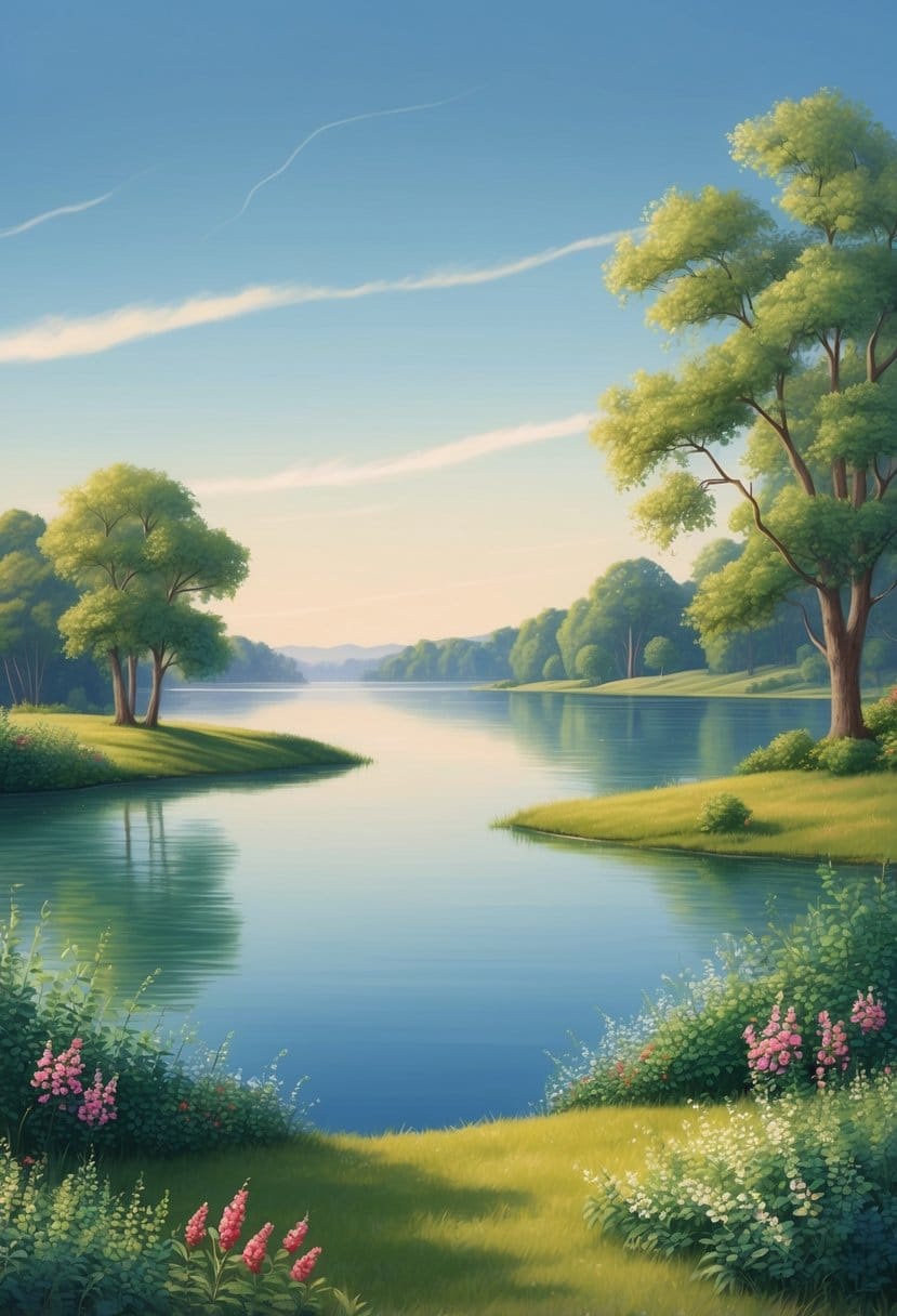 A serene landscape with calm, clear skies and a tranquil body of water, surrounded by lush greenery and vibrant flowers