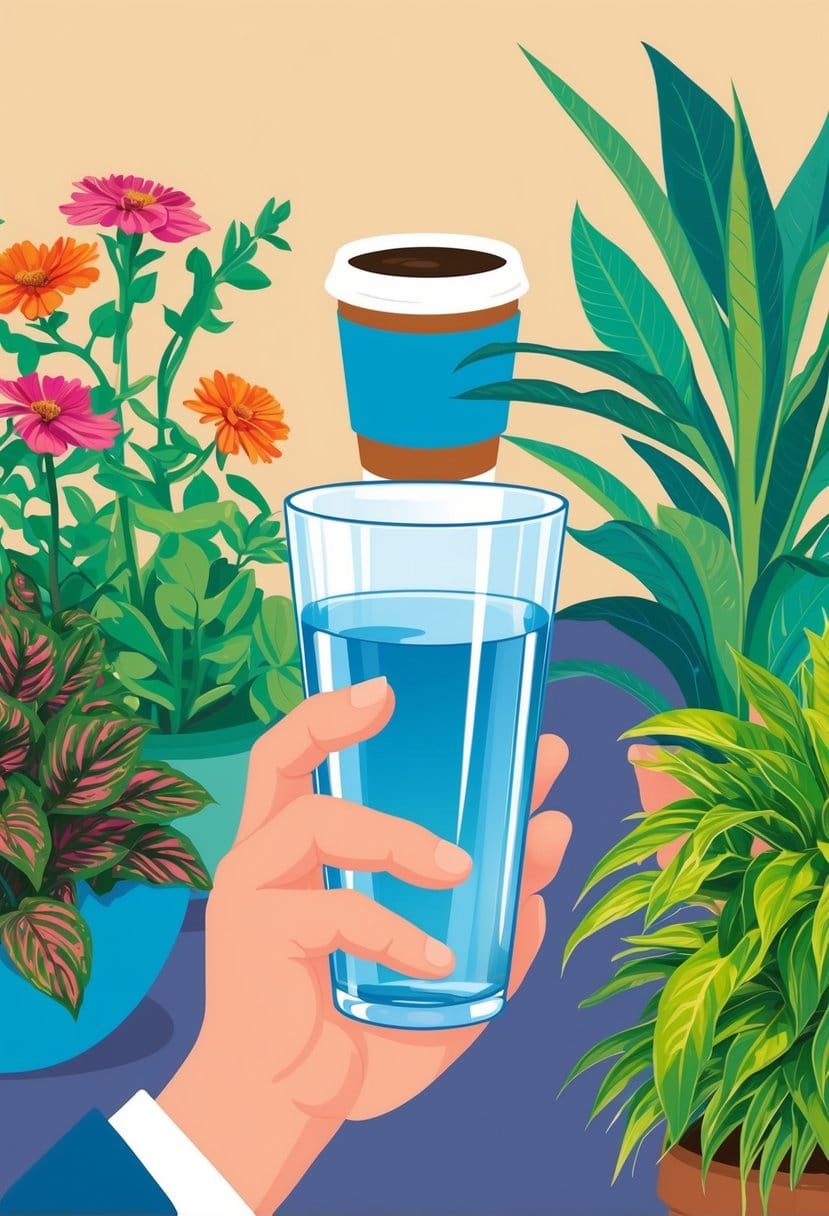A person holding a glass of water, with a coffee cup in the background, surrounded by vibrant, healthy plants