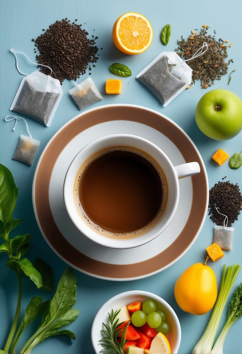 A serene, empty coffee cup surrounded by soothing herbal tea bags and a plate of fresh fruits and vegetables