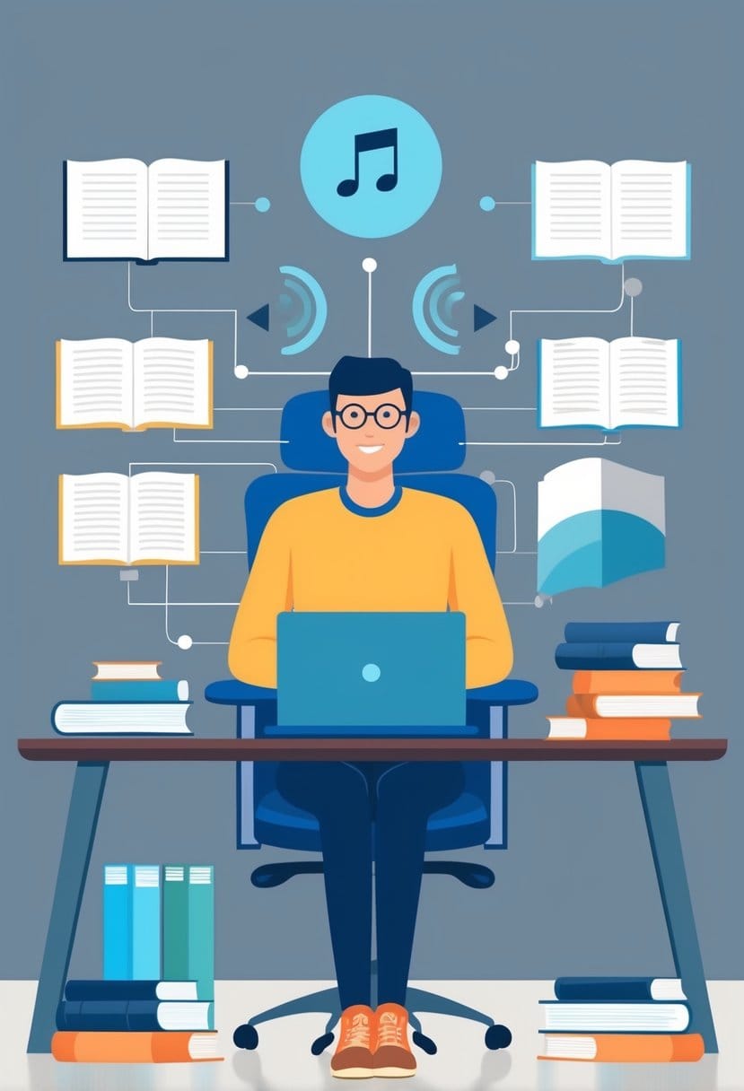 A person sitting at a desk, surrounded by various sources of focus such as books, a laptop, and calming music playing in the background