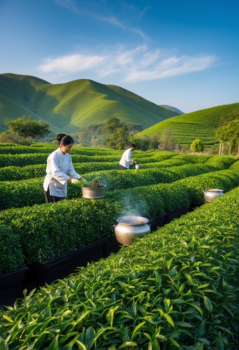 A serene, green tea garden with lush, rolling hills and a clear, blue sky. Tea leaves are being harvested and brewed in traditional pots