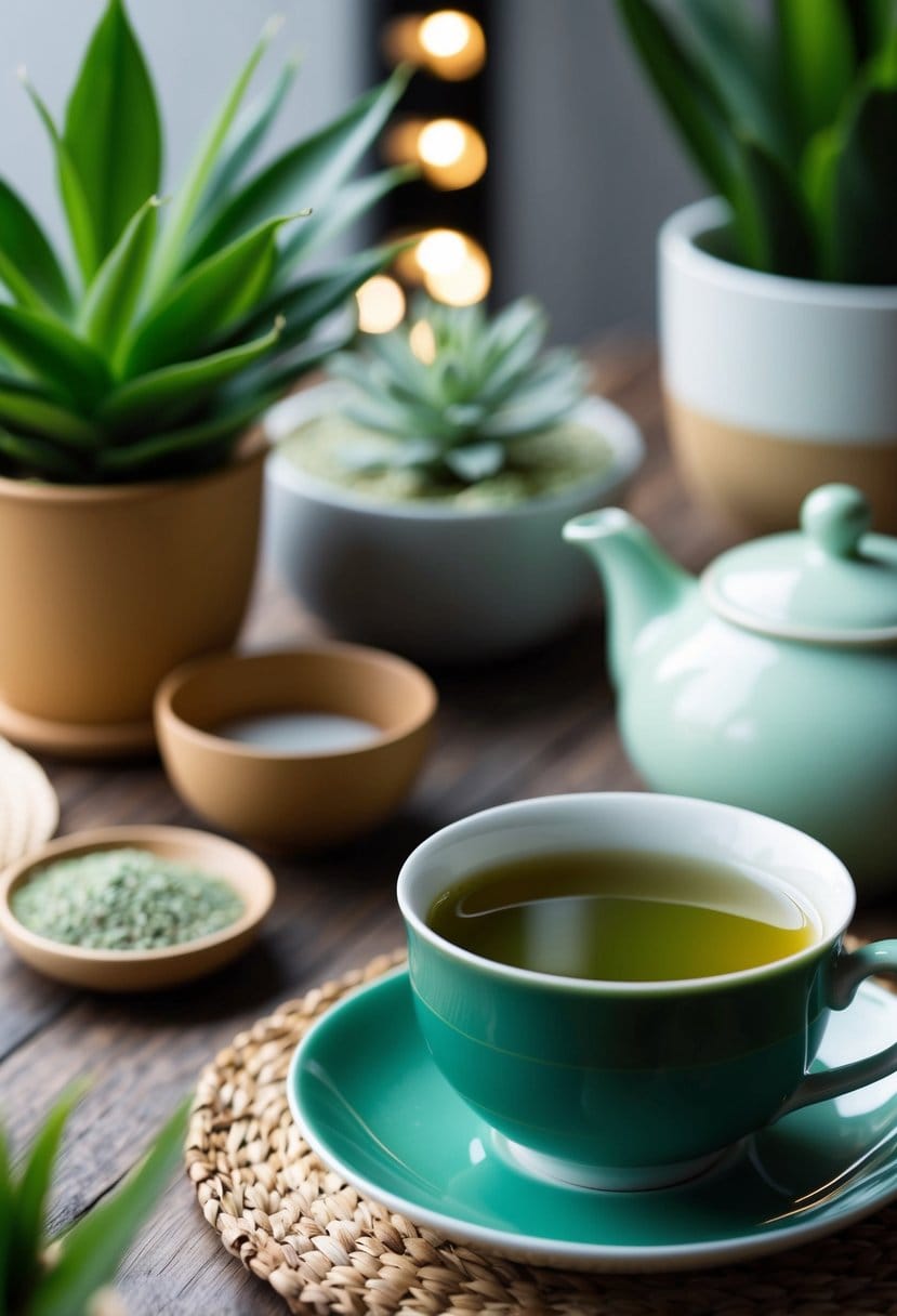 A serene setting with a cup of green tea surrounded by calming elements like plants and natural light