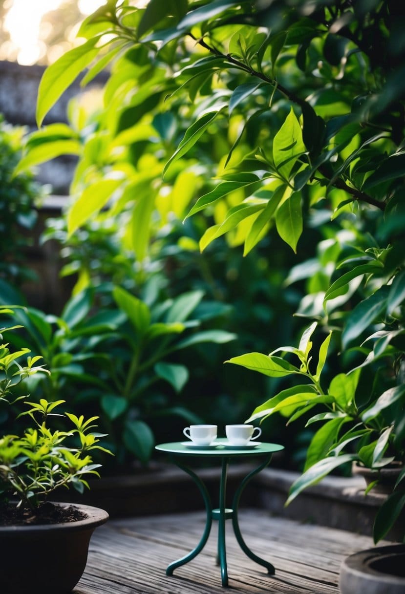 A serene, green tea garden with a small table and two cups. Lush, vibrant foliage surrounds the peaceful setting