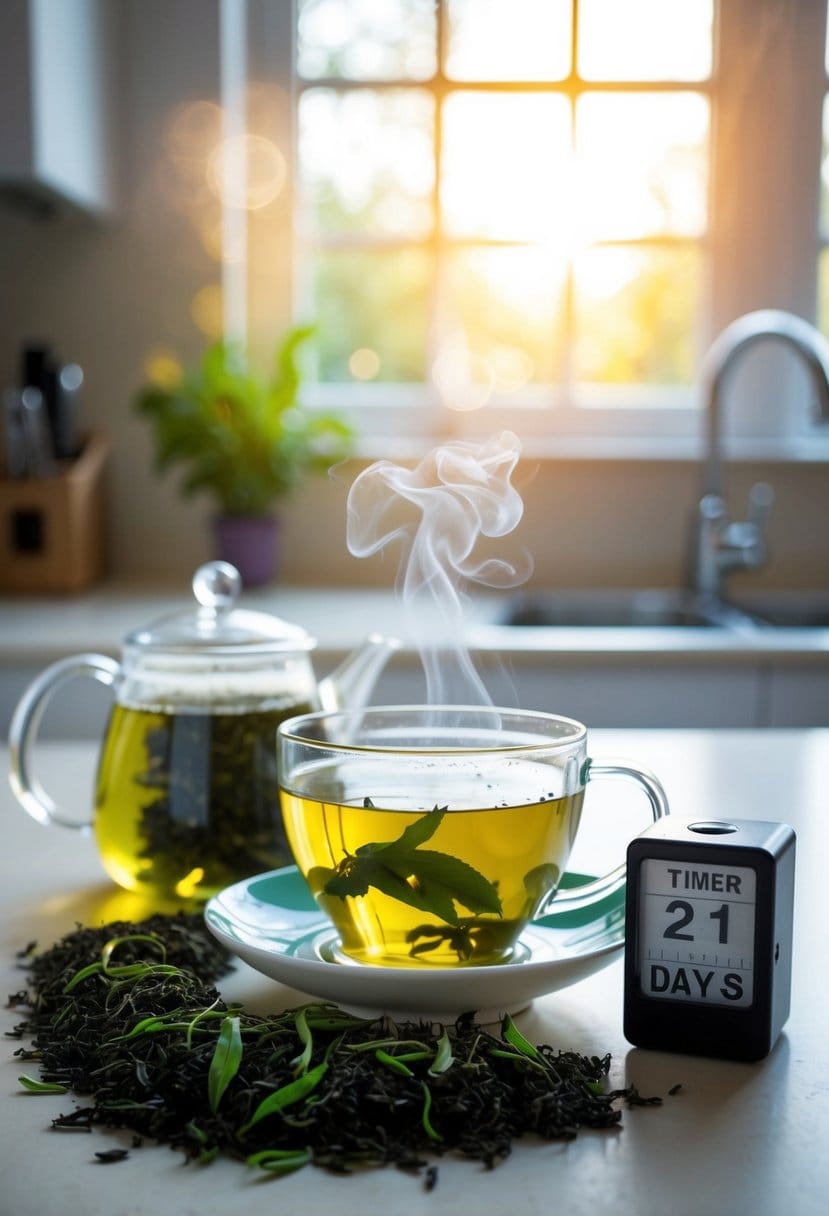 A serene, sunlit kitchen with a steaming cup of green tea surrounded by fresh green tea leaves and a timer set to 21 days