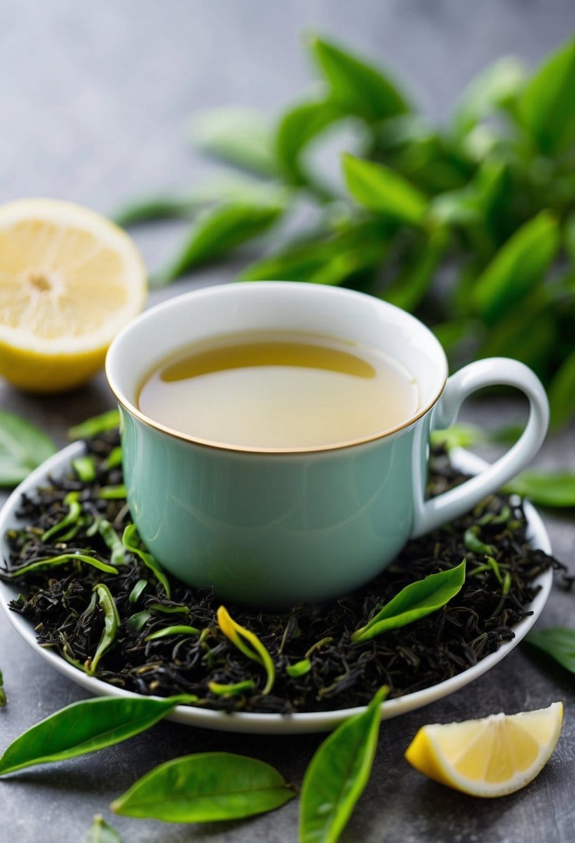 A serene and peaceful setting with a cup of green tea surrounded by vibrant green tea leaves and a few scattered lemon slices
