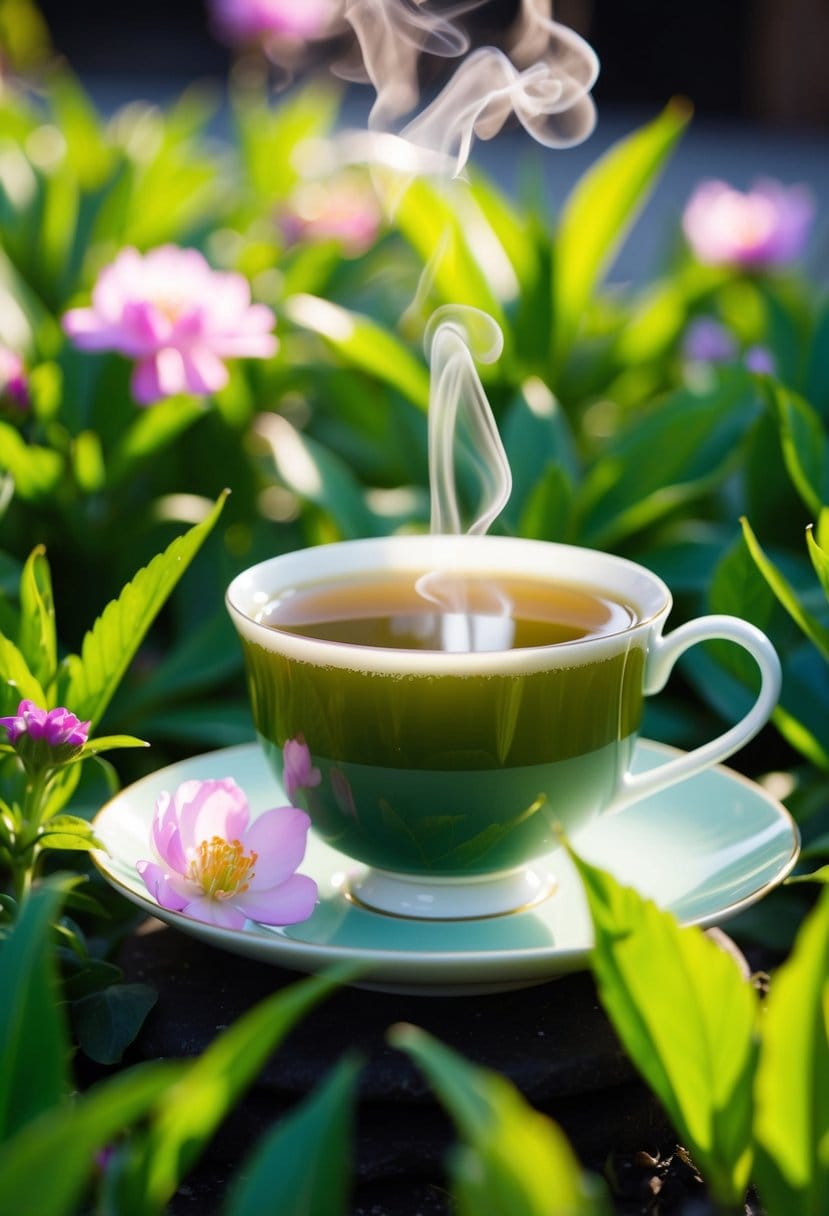A serene, sunlit garden with a steaming cup of green tea surrounded by vibrant green tea leaves and blooming flowers