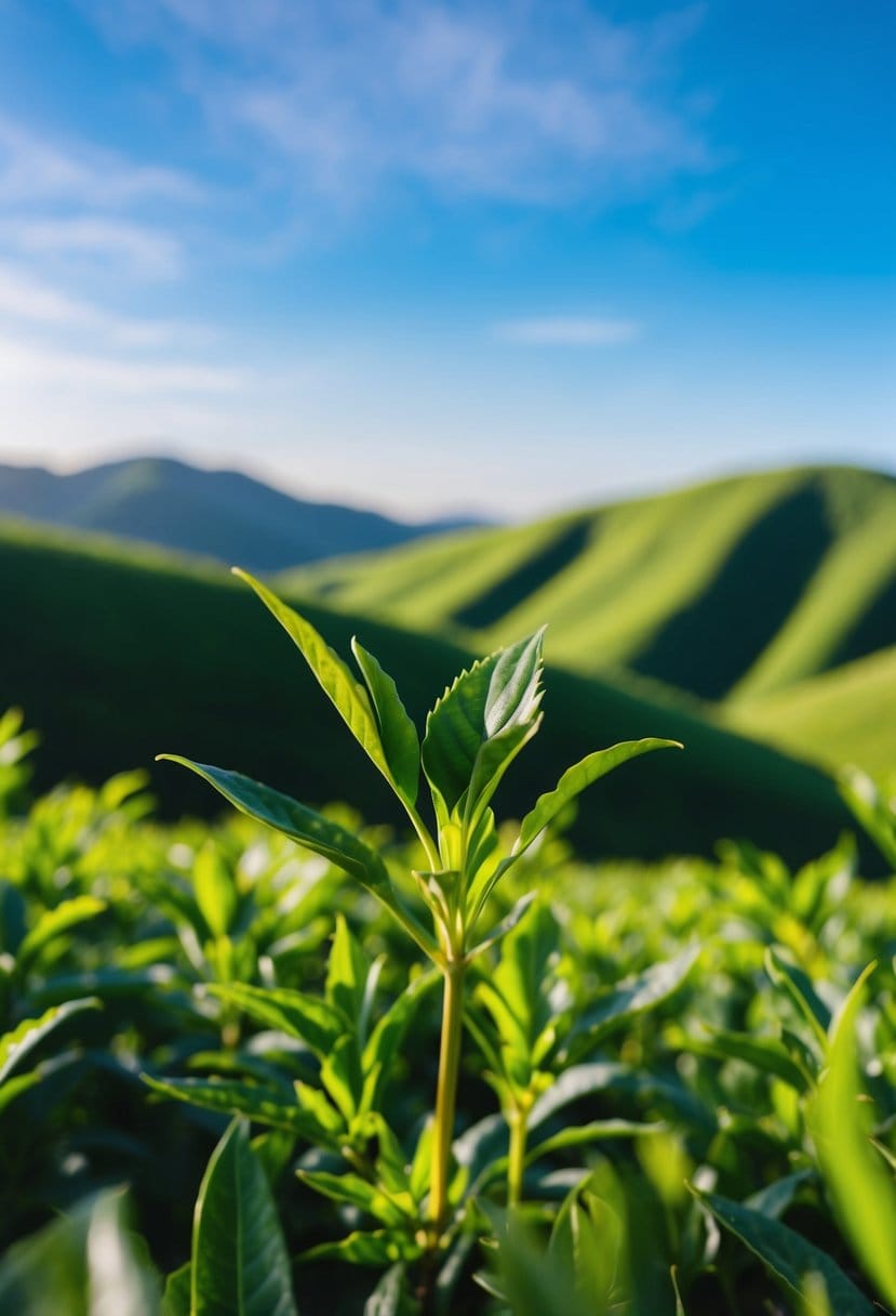 A serene, green tea plant surrounded by lush, rolling hills under a clear blue sky. A heart-shaped leaf symbolizes decreased risk of heart disease