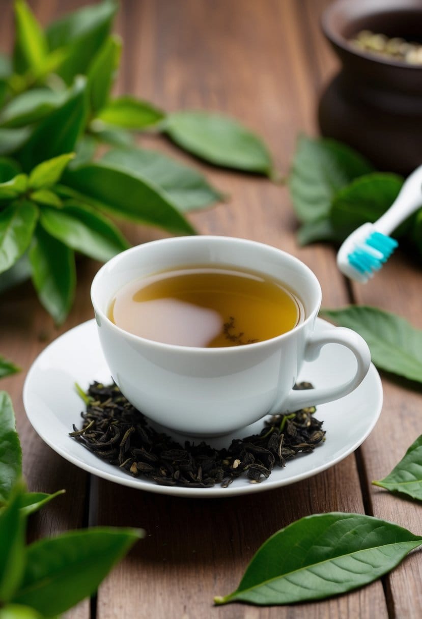 A serene setting with a cup of green tea surrounded by fresh tea leaves, a toothbrush, and a healthy smile