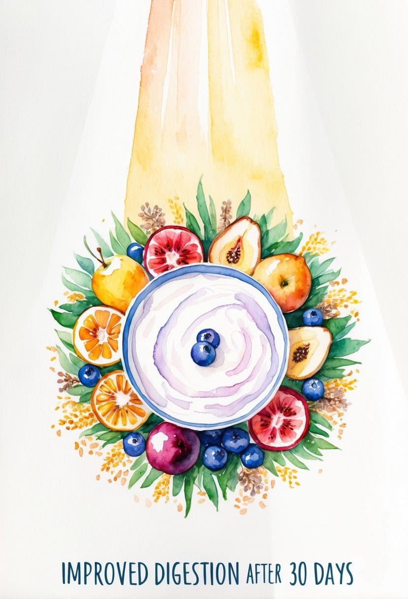 A bowl of yogurt surrounded by various fruits and grains, with a beam of light shining down on it, representing improved digestion after 30 days