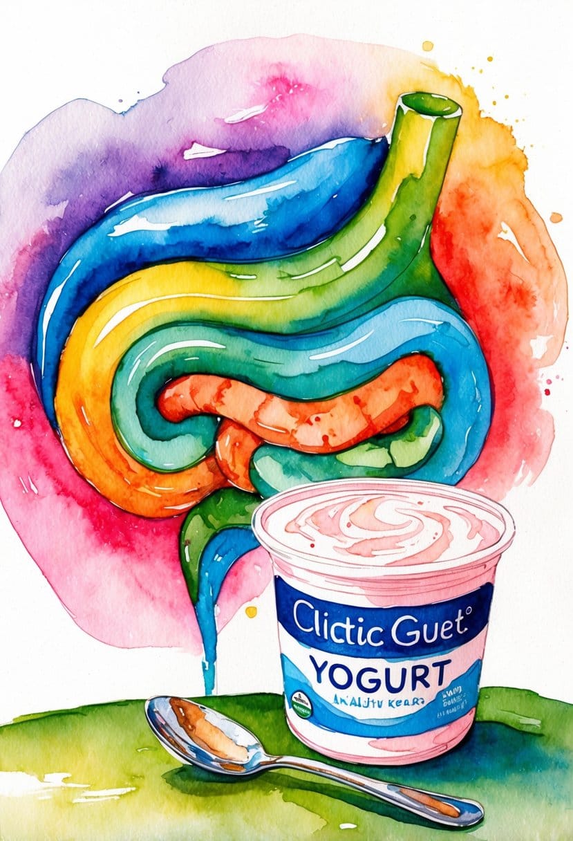 A vibrant, swirling illustration of a healthy gut with a yogurt container and spoon nearby