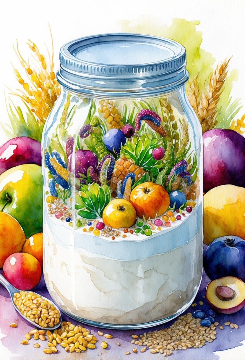 A vibrant and diverse ecosystem of microorganisms thriving within a clear, glass jar filled with creamy, probiotic-rich yogurt, surrounded by colorful fruits and grains