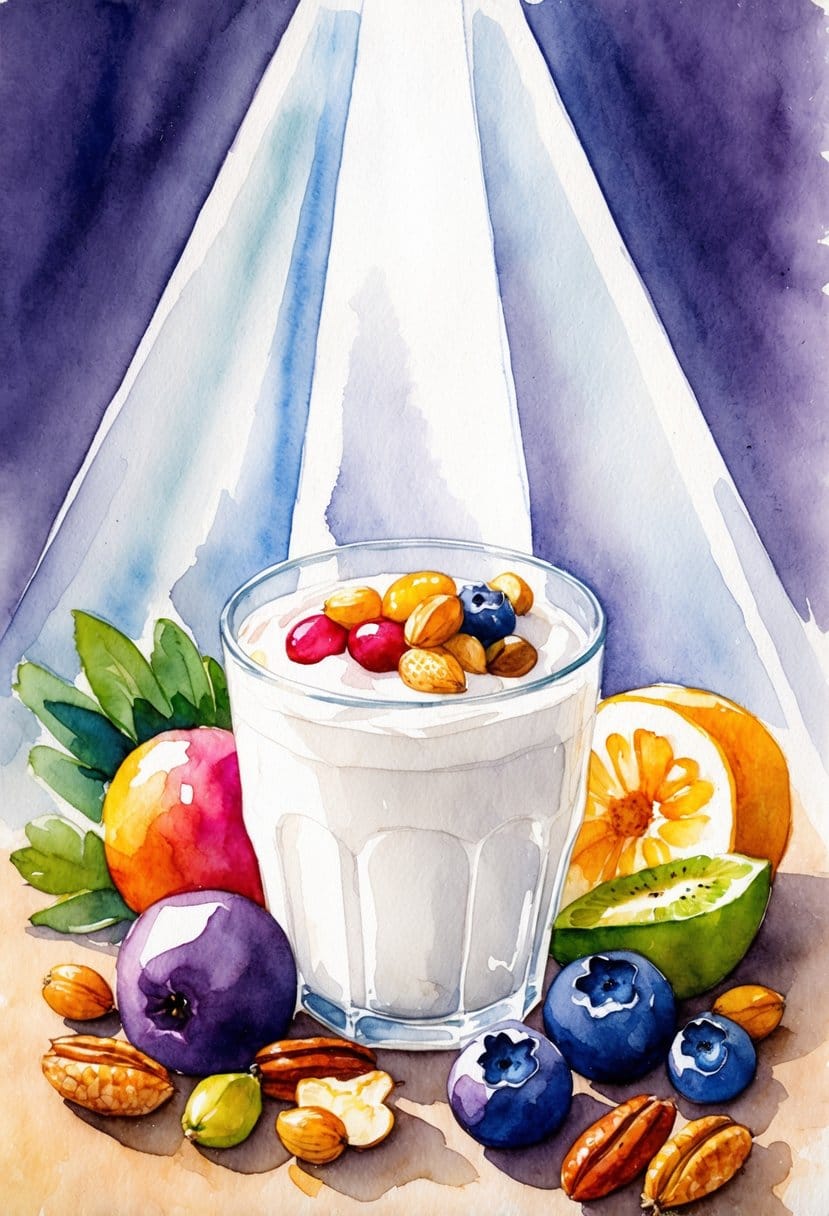 A glass of yogurt surrounded by various fruits and nuts, with a beam of light shining down on it, highlighting its nutritional benefits