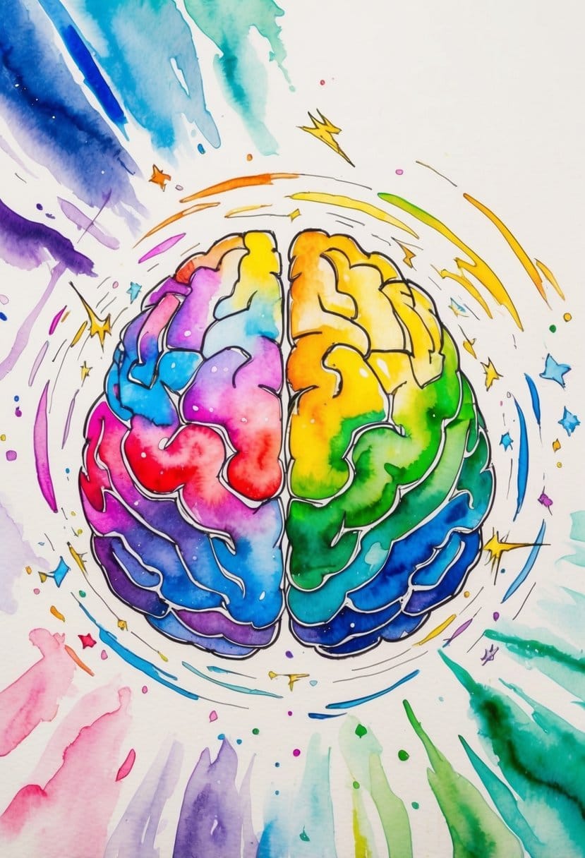 A colorful, vibrant brain surrounded by swirling energy, with bright sparks of activity and a sense of clarity and focus