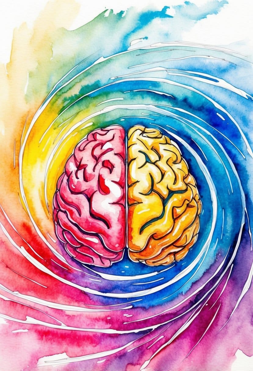 A brain surrounded by swirling energy, with vibrant colors representing heightened emotional resilience after cutting sugar for 7 days