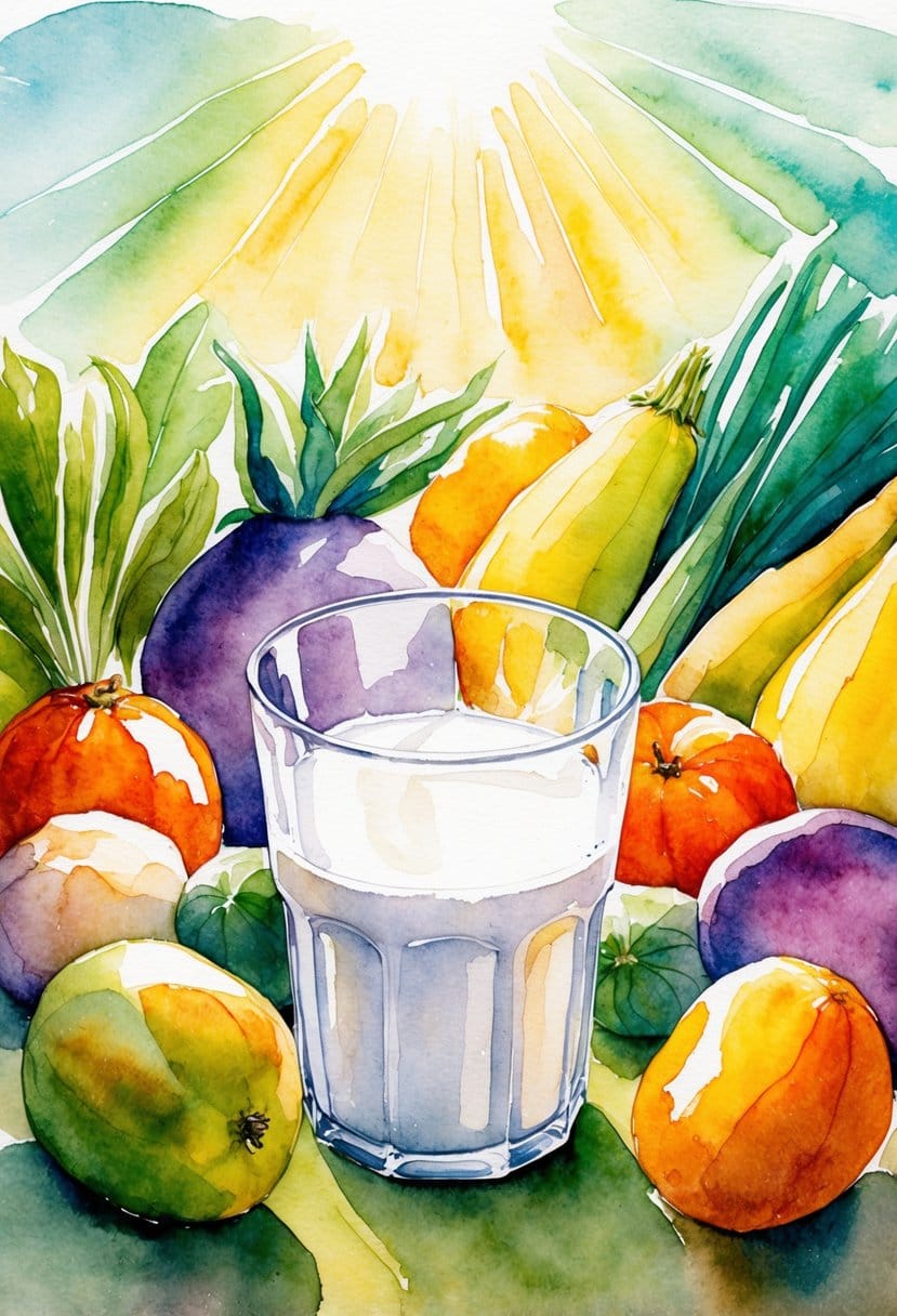 A glass of milk left untouched, surrounded by various fruits and vegetables, with a radiant glow emanating from them