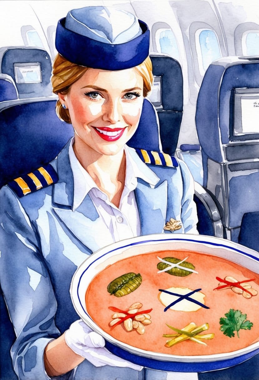 A flight attendant serving a tray of bean soup with seven forbidden foods crossed out
