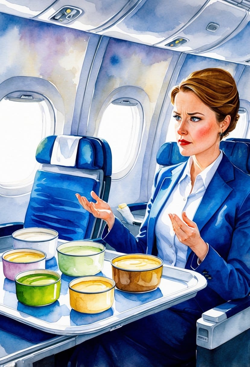 An airplane cabin with a tray table holding various containers of cream-based sauces, while a flight attendant looks on disapprovingly
