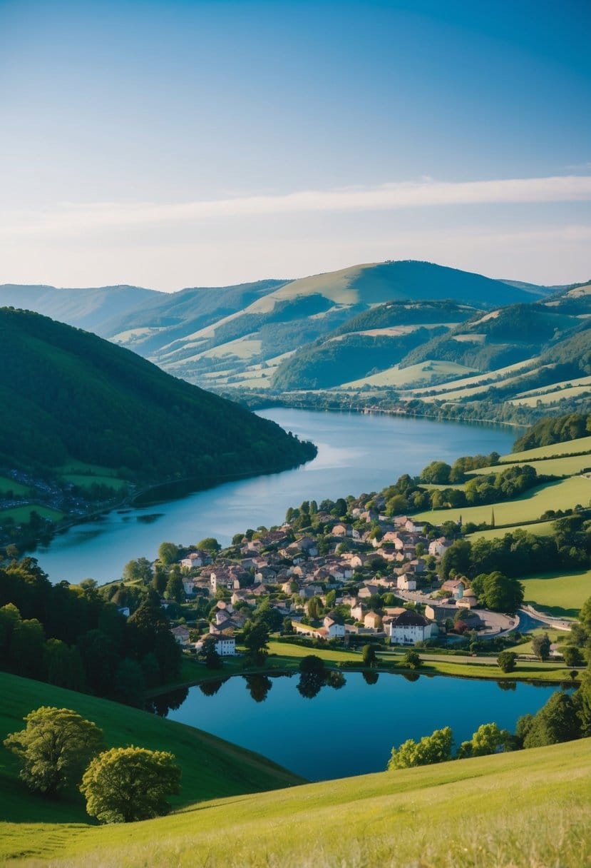 A serene landscape with rolling hills, a peaceful lake, and a quaint town nestled in the valley, surrounded by lush greenery and clear blue skies