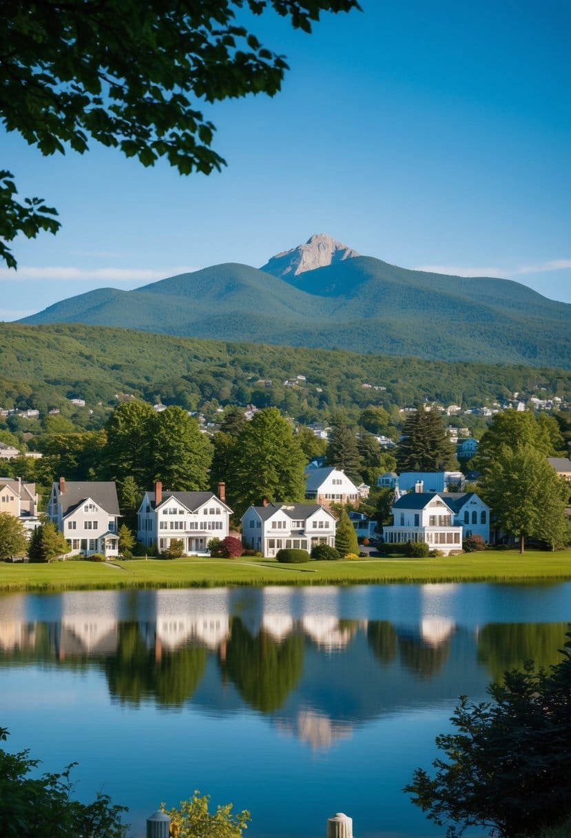 A peaceful New Hampshire town with a scenic mountain backdrop and a tranquil lake, surrounded by lush greenery and charming homes