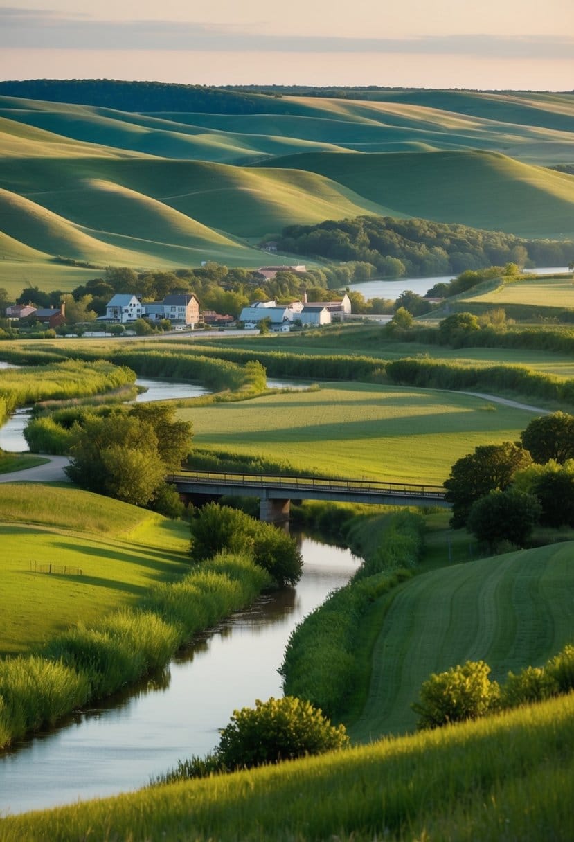 A serene Iowa landscape with rolling hills, a peaceful river, and a charming small town nestled among the greenery