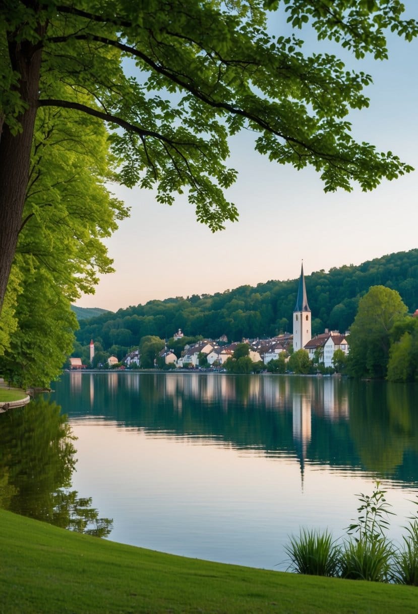A serene, picturesque lake surrounded by lush green trees and a peaceful, small town nestled in the distance