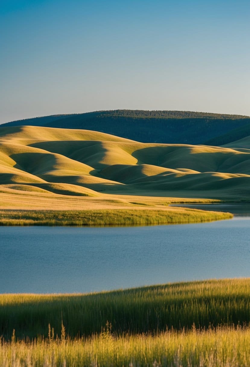 A serene landscape with rolling hills, a calm lake, and a clear blue sky, showcasing the peaceful and safe environment of South Dakota for retirees