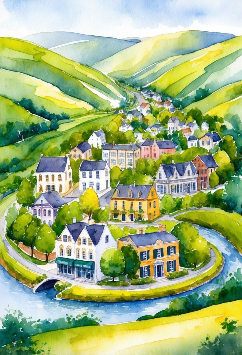 A quaint small town nestled in a valley, surrounded by rolling hills and a winding river, with charming historic buildings and vibrant greenery