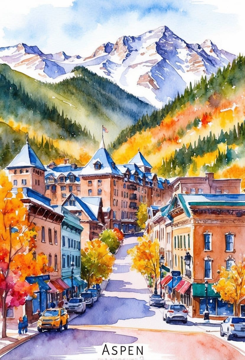 A scenic view of Aspen, Colorado with snow-capped mountains, a charming downtown area, and colorful autumn foliage