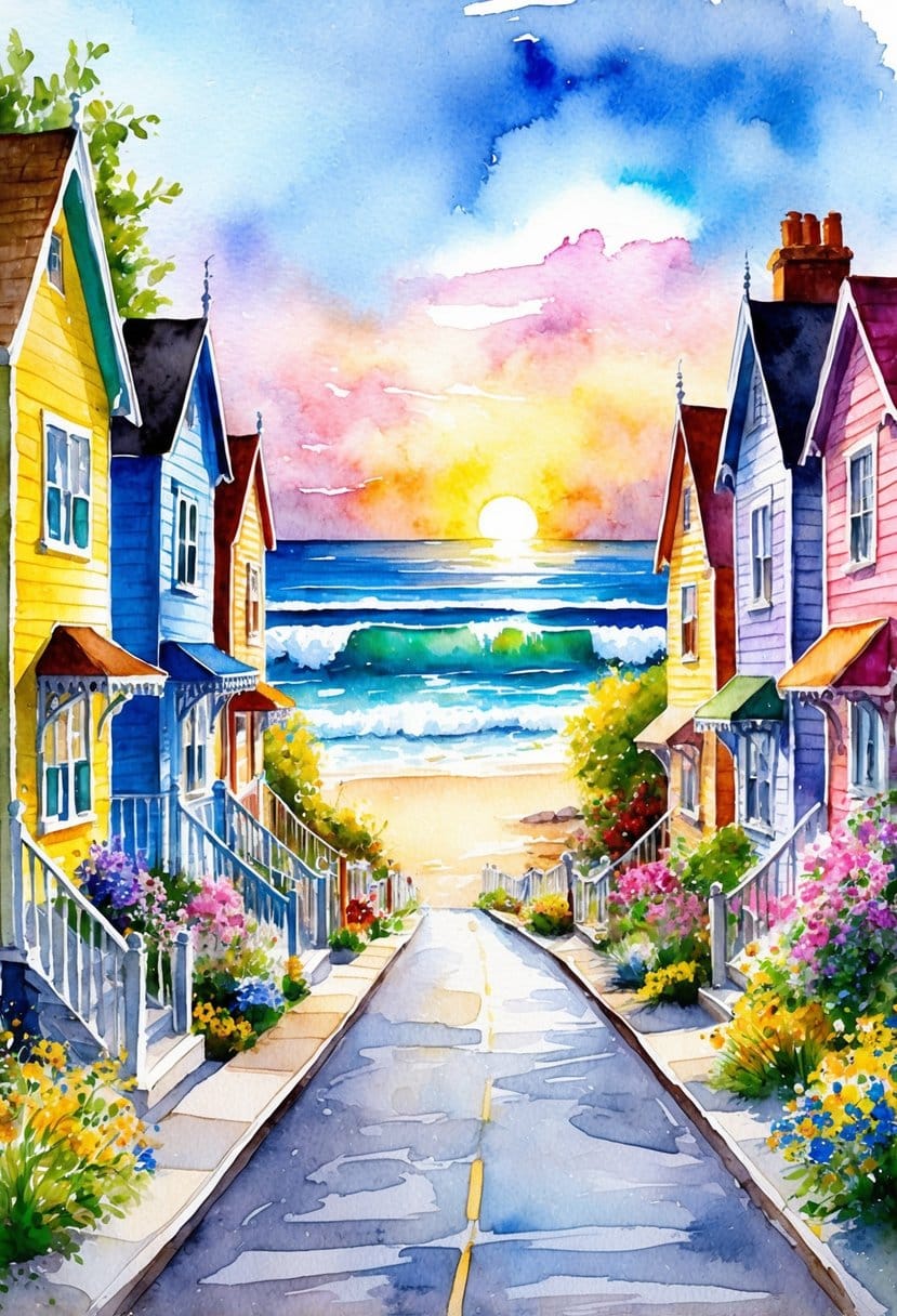 A charming street lined with colorful cottages and blooming flowers, leading to a picturesque beach with crashing waves and a stunning sunset