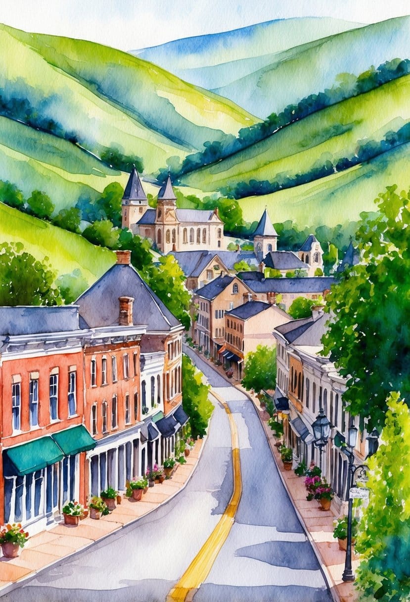 A charming small town nestled in a valley with a picturesque main street lined with historic buildings and surrounded by lush greenery and rolling hills
