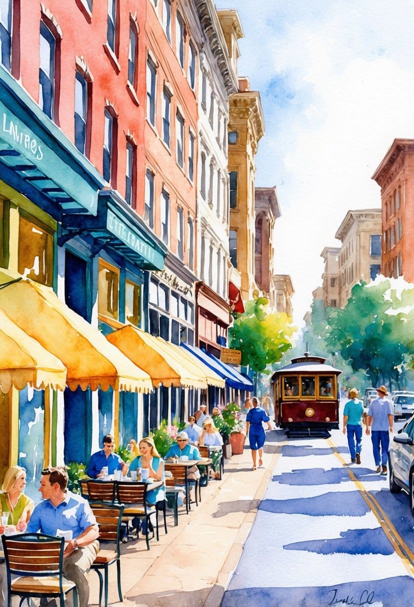 A bustling downtown street lined with colorful storefronts, outdoor cafes, and people strolling along the sidewalk. A vintage trolley car passes by, adding to the quaint charm of the scene