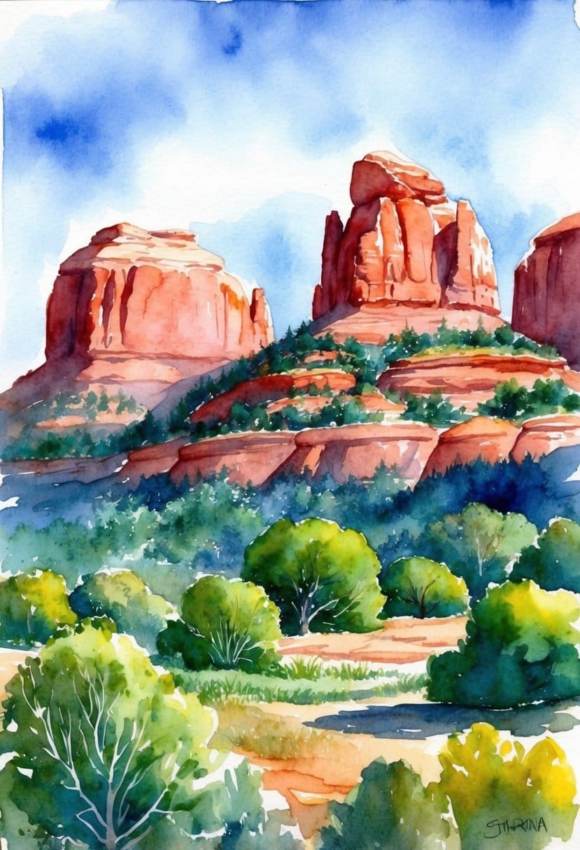 A scenic view of Sedona, Arizona with red rock formations, lush greenery, and a clear blue sky