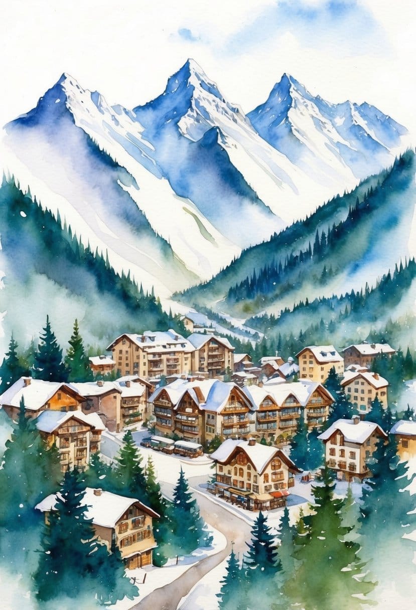A cozy mountain town nestled in a valley surrounded by snow-capped peaks, with charming alpine architecture and a bustling ski resort at its center