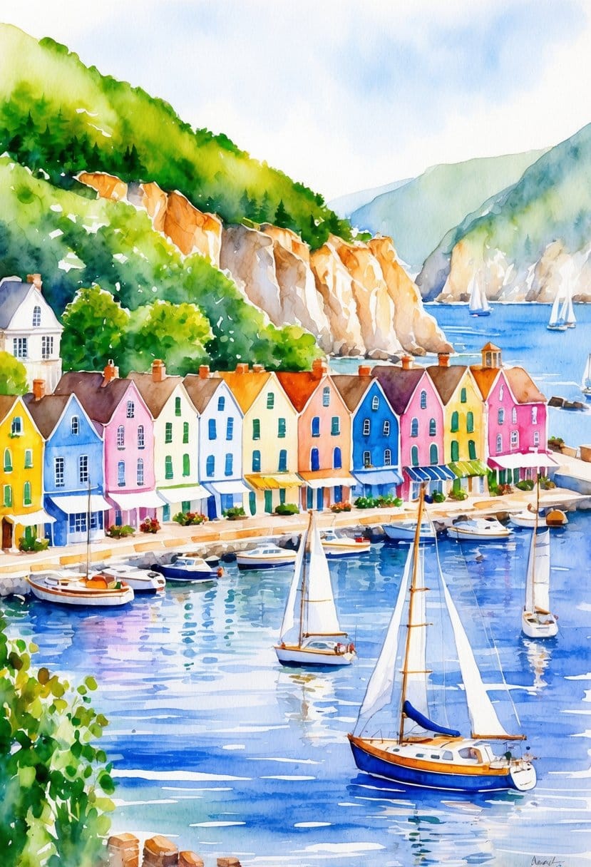A serene coastal town with colorful houses lining the harbor, sailboats bobbing in the water, and a backdrop of lush greenery and rocky cliffs