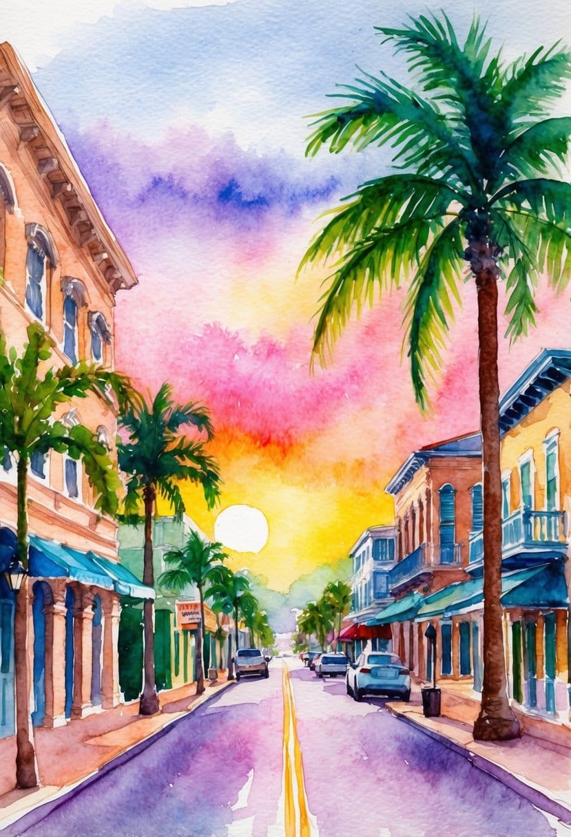 A colorful sunset over a tranquil Key West street lined with historic buildings and palm trees