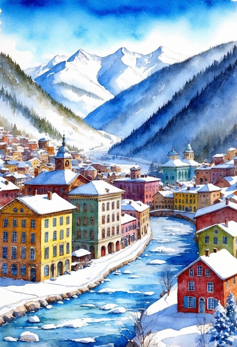 A snow-covered mountain town nestled in a valley with colorful historic buildings and a flowing river under a bright blue sky