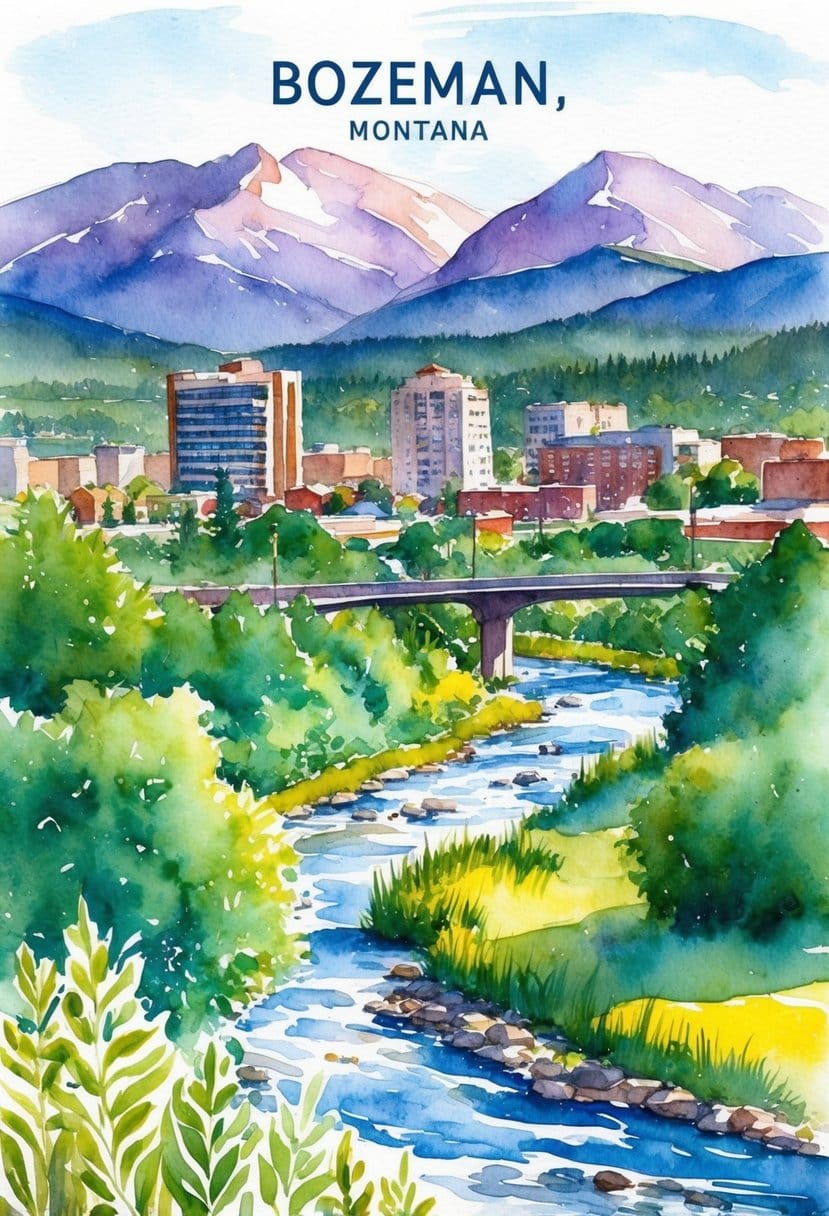 A scenic view of Bozeman, Montana with mountains in the background, a flowing river, and lush greenery in the foreground