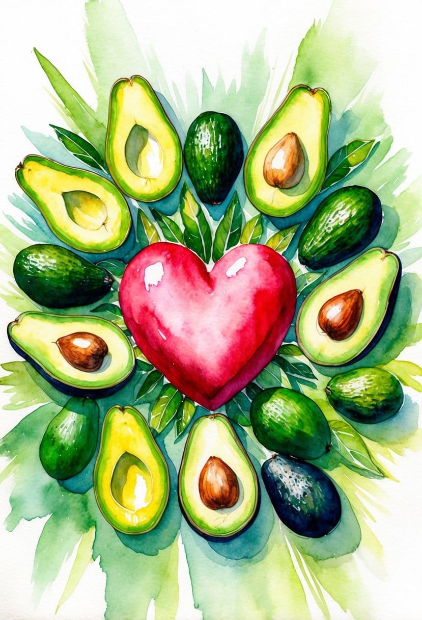 A heart surrounded by avocados, radiating with energy and vitality after 30 days of daily consumption