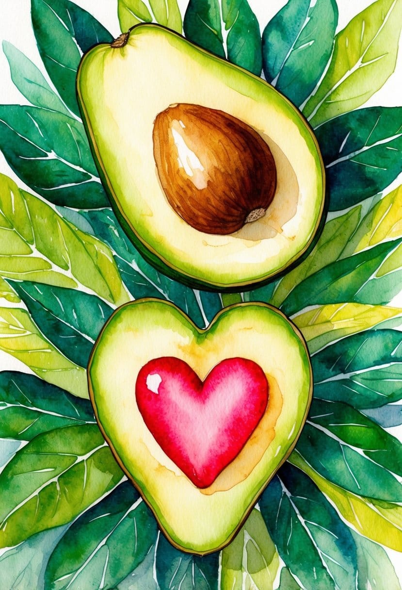 A ripe avocado resting on a background of vibrant green leaves and a heart-shaped slice of avocado with a healthy, vibrant red heart in the center