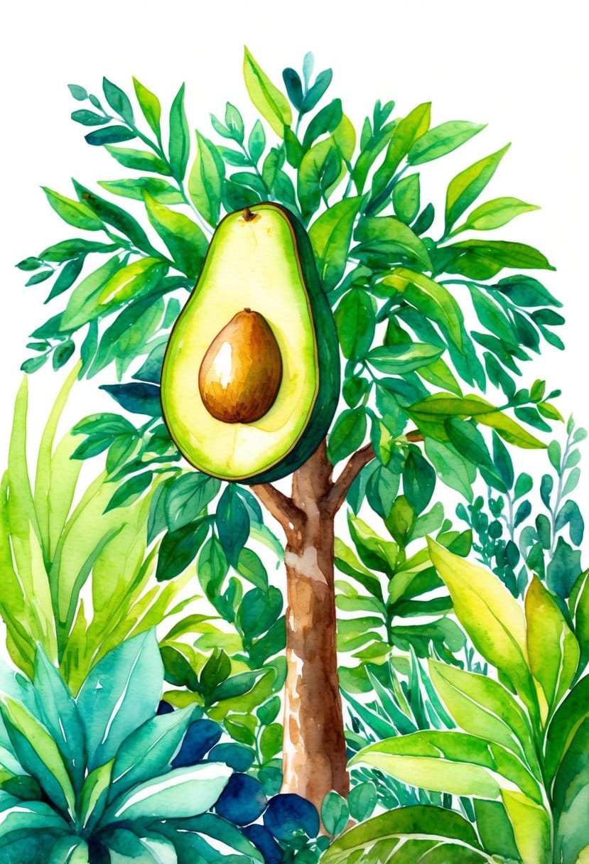 A vibrant avocado tree surrounded by a variety of lush green plants, with a heart symbol subtly incorporated into the foliage