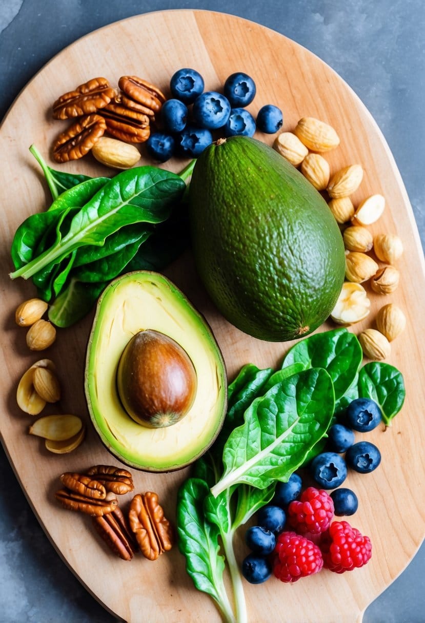 A ripe avocado surrounded by a variety of heart-healthy foods, such as nuts, leafy greens, and berries, arranged on a wooden cutting board