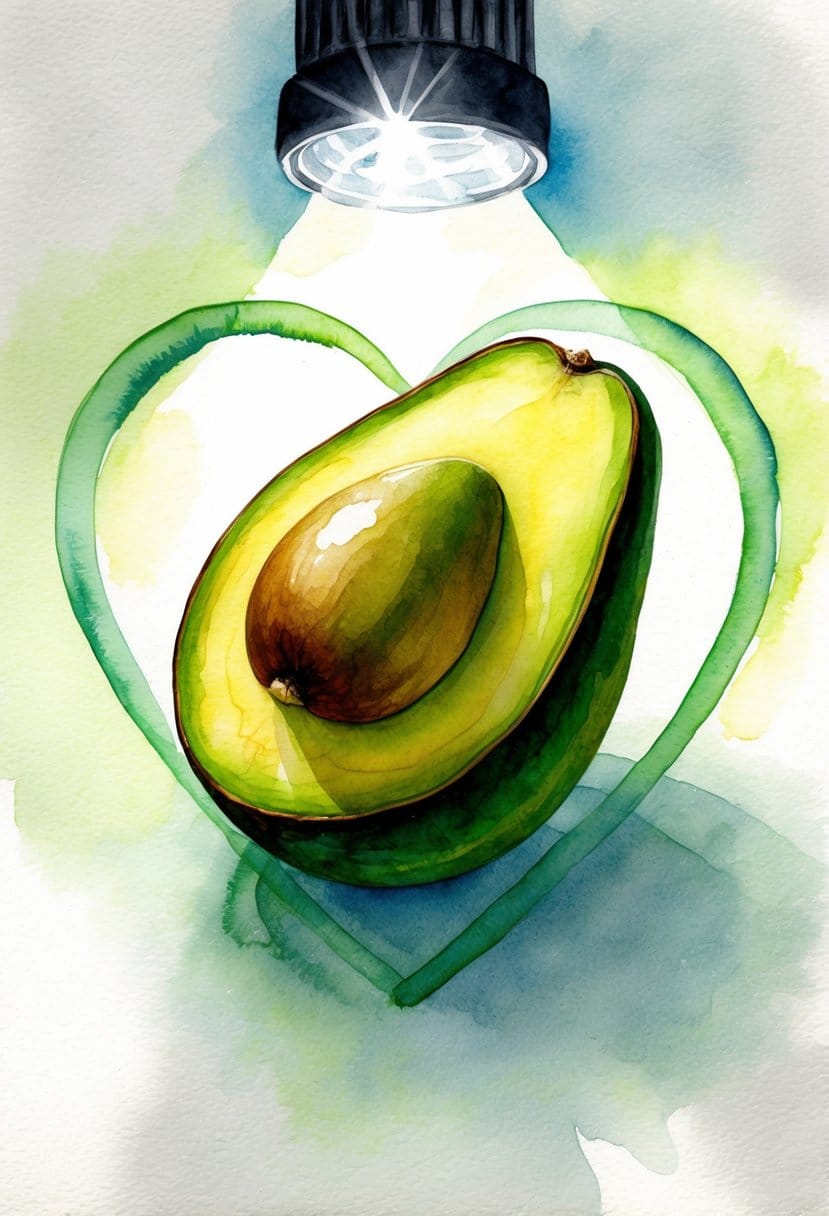 A ripe avocado surrounded by a heart shape, with a bright spotlight shining down on it, highlighting its vibrant green color and smooth texture