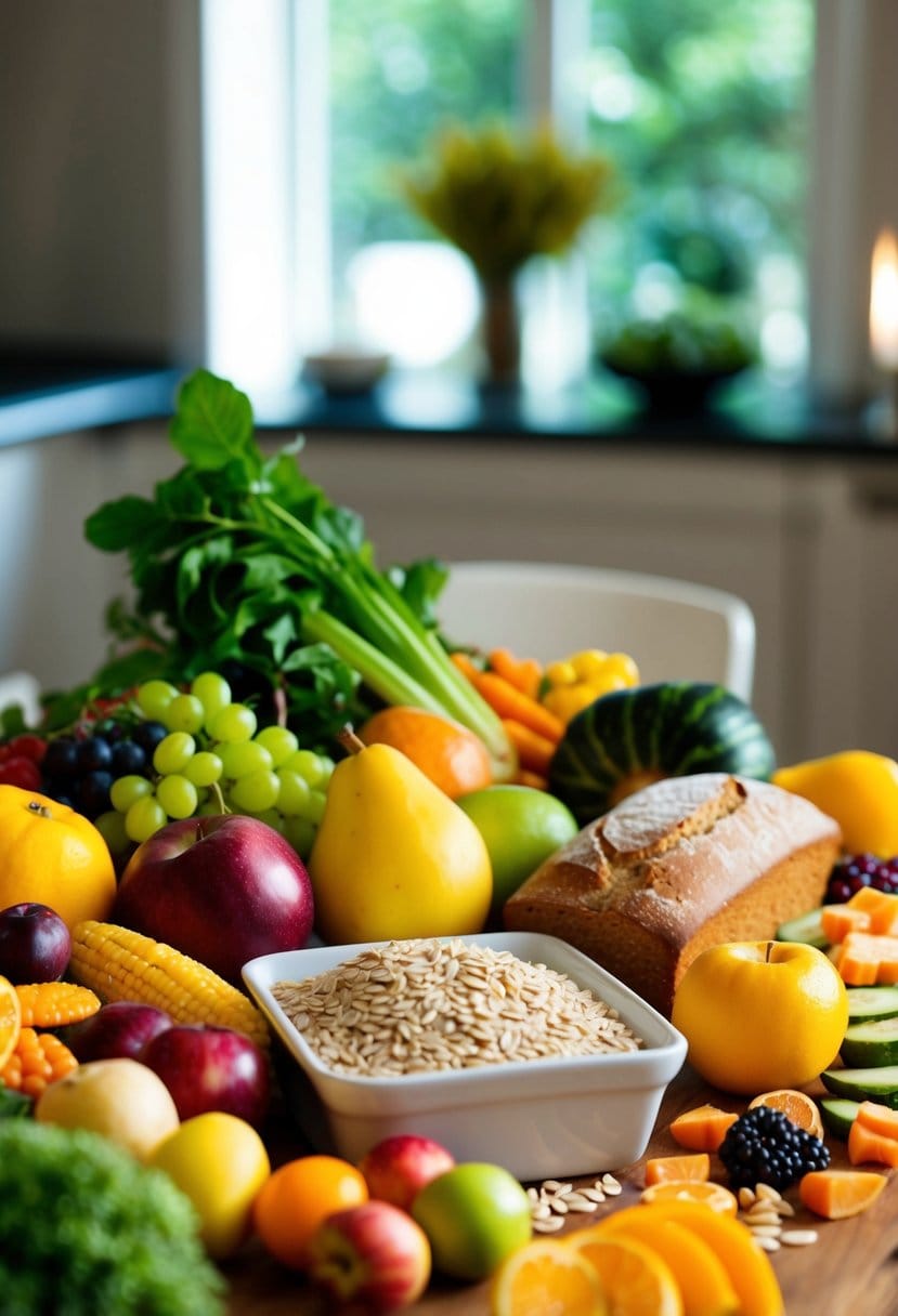 A table with a variety of colorful fruits, vegetables, and whole grains, with a loaf of bread conspicuously absent