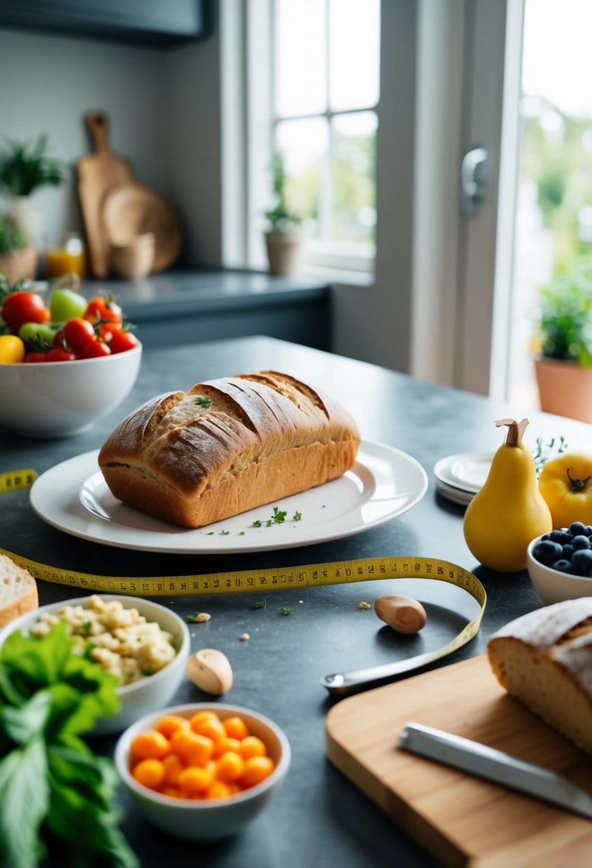 A kitchen table with a plate of bread untouched for 30 days, surrounded by healthy food and a measuring tape