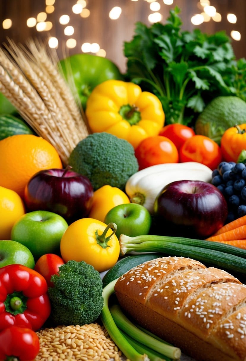 A colorful array of fresh fruits, vegetables, and whole grains, with a loaf of bread being pushed to the side