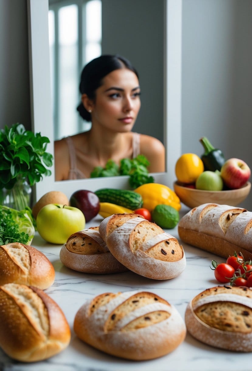 A table with various bread products crossed out, surrounded by fresh fruits and vegetables, a clear complexion reflected in a mirror