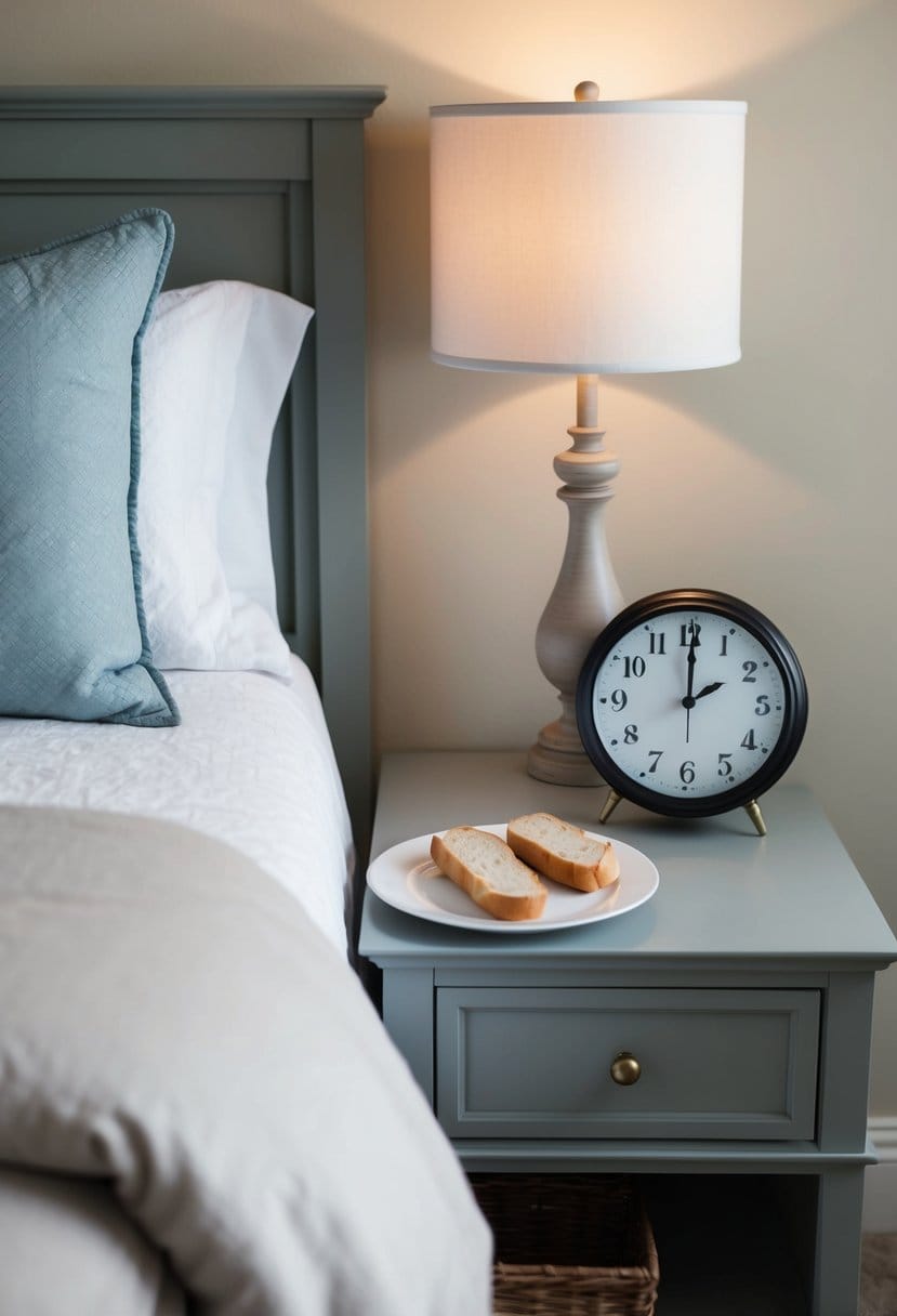A serene bedroom with a cozy bed and a clock showing 7:00 am. A plate with bread crossed out sits on a nightstand