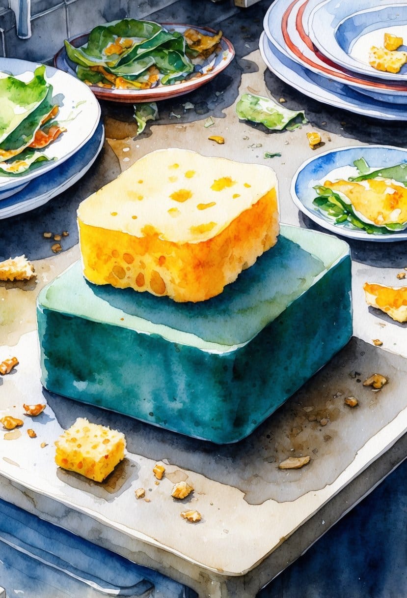 A dirty kitchen sponge sitting on a grimy countertop, surrounded by unwashed dishes and food scraps