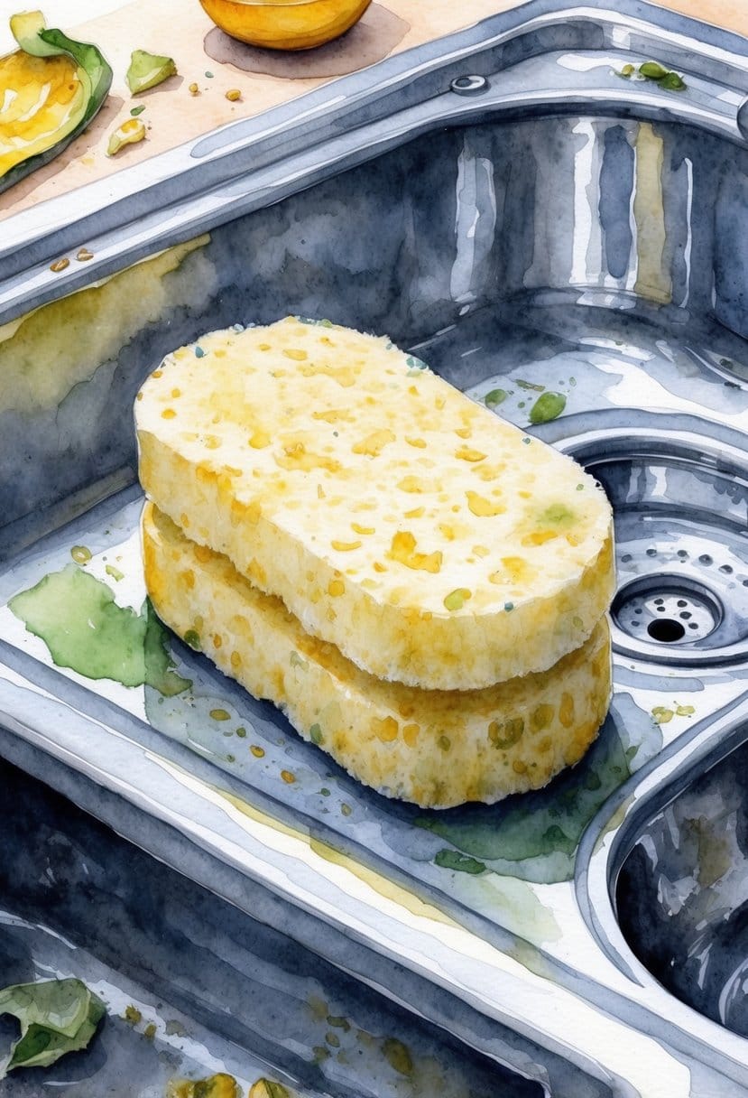 A kitchen sponge sits on the edge of a sink, surrounded by dirty dishes and food scraps. The sponge appears worn and discolored, with visible signs of bacteria growth