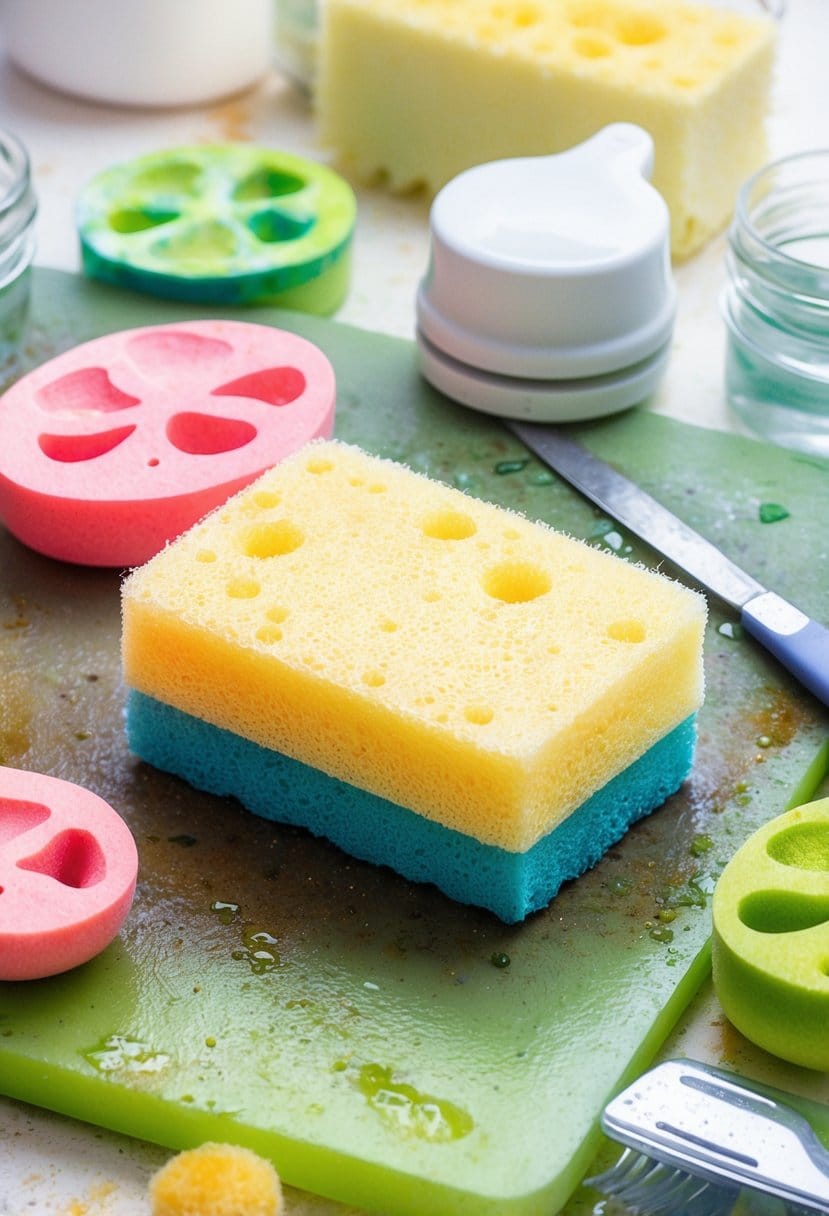 A dirty kitchen sponge sitting on a grimy cutting board surrounded by other bacteria-harboring kitchen items